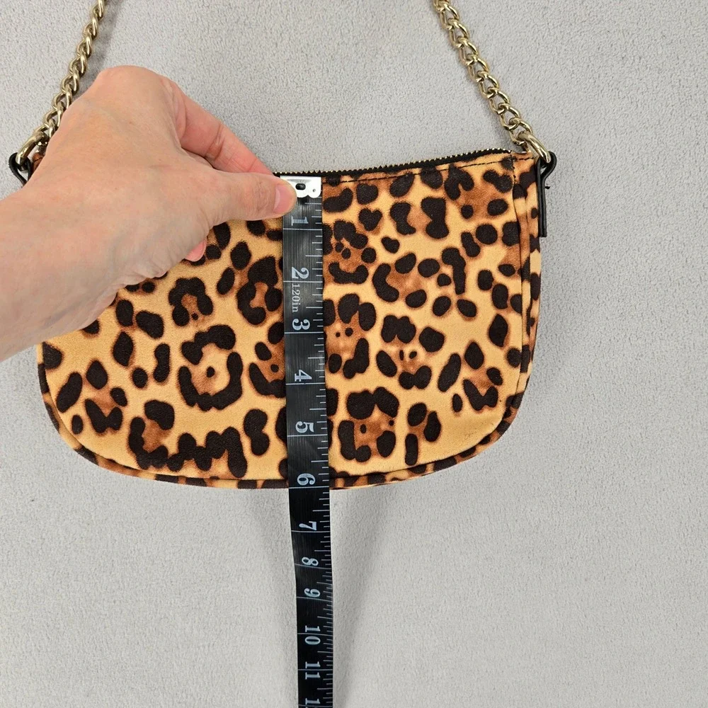 Leopard Print Faux Suede Feel Shoulder Bag Gold Chain Zip Y2K Style